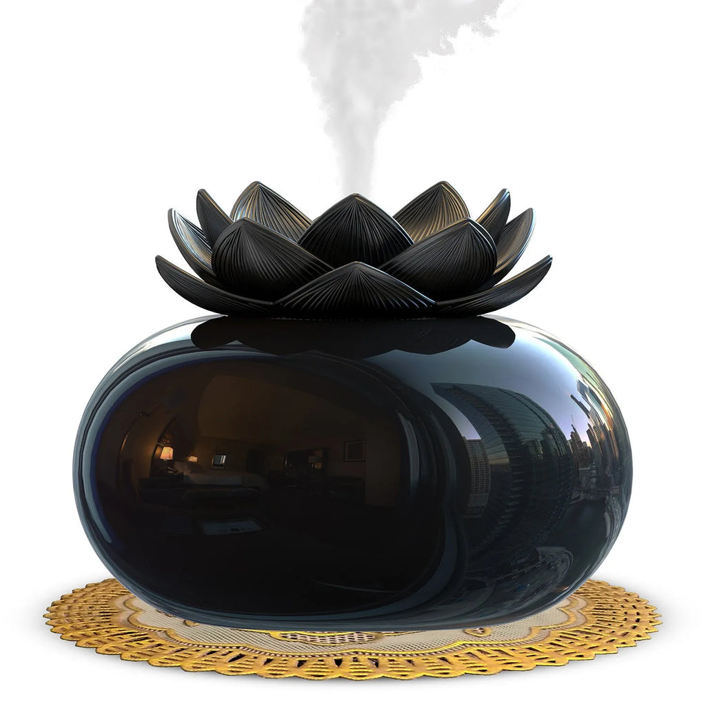 Pure black Lotus ultrasonic aromatherapy humidifier with round shape and USB cable.