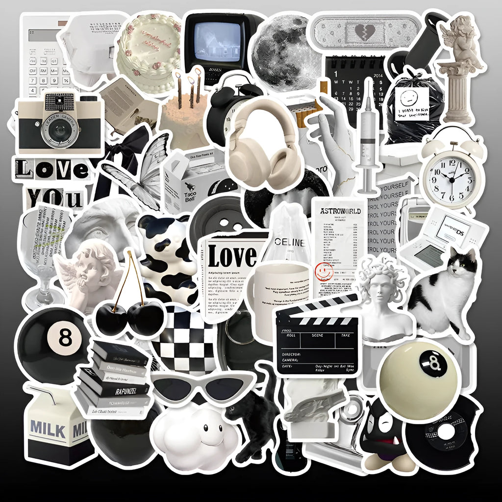 61 black and white PVC waterproof stickers for laptops, phones, luggage, and skateboards.
