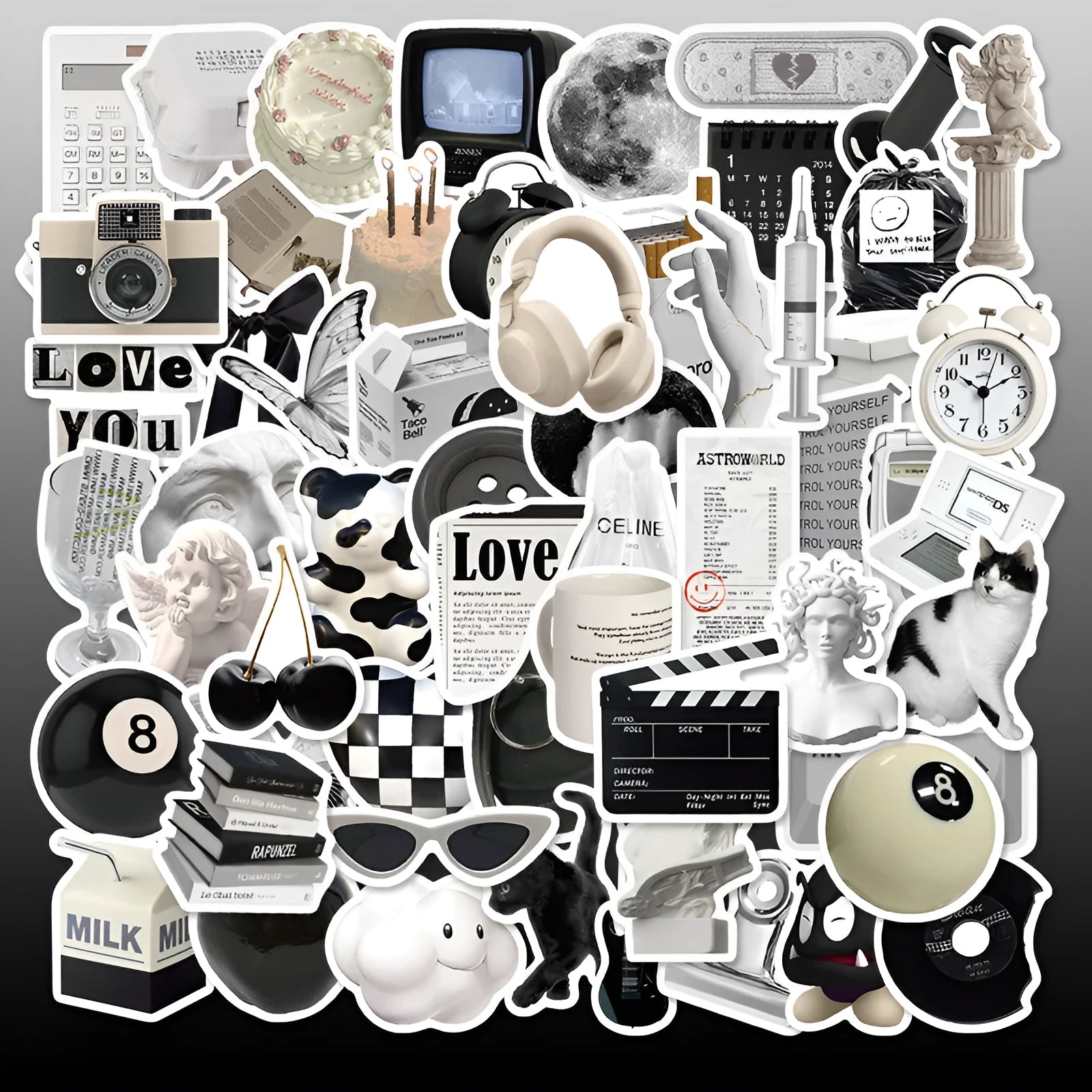61 black and white PVC waterproof stickers for laptops, phones, luggage, and skateboards.