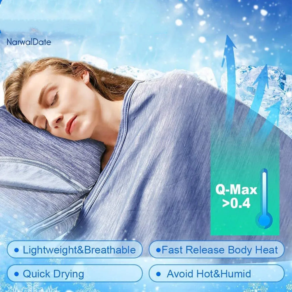 A blue polyester cooling blanket with Q-Max 0.4 technology laid on a bed.