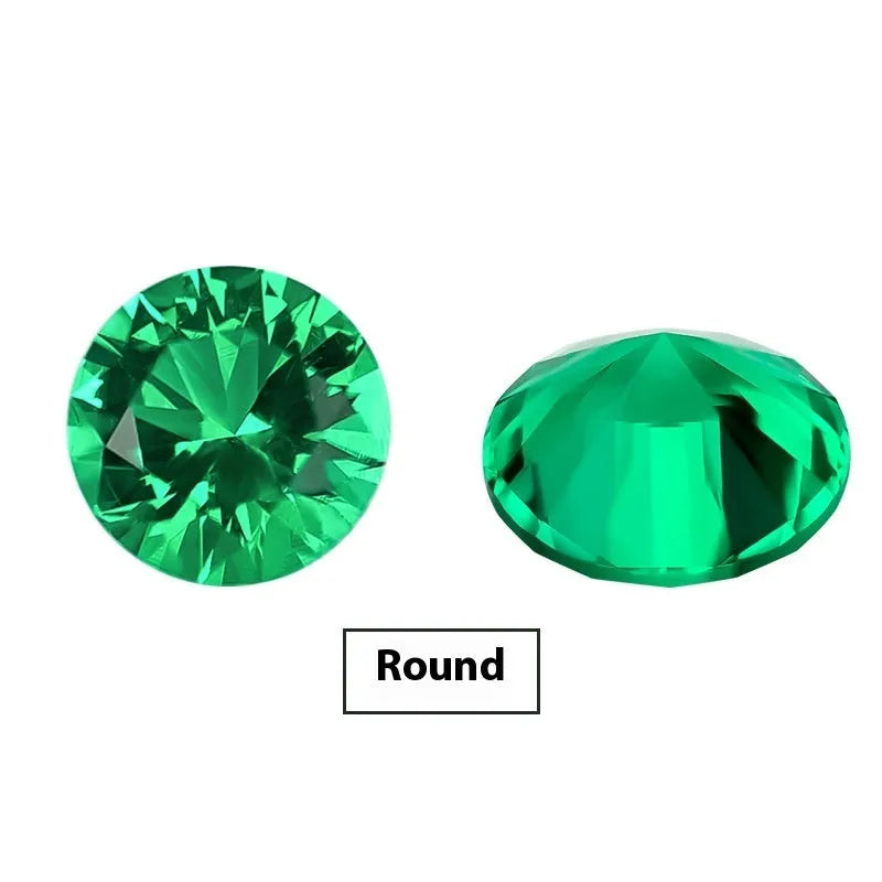 Synthetic cultivated emerald gemstone in Columbia green treasure colour showing round and grandmother cut options