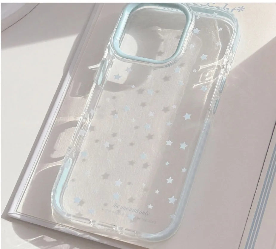 Blue edge and blue star dots TPU phone case for Apple iPhone, transparent back