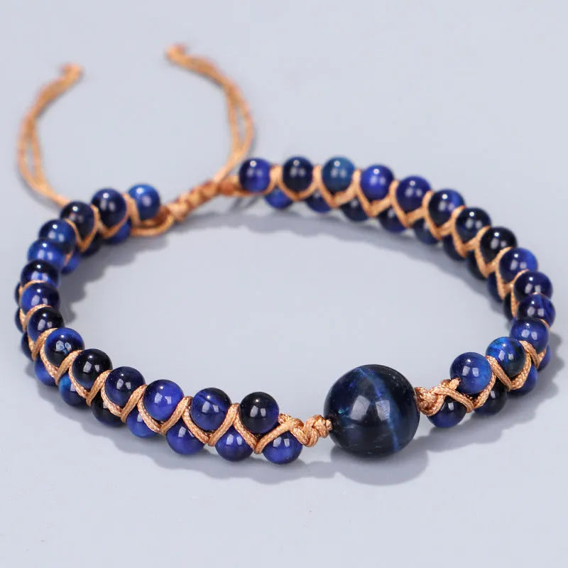 Handwoven geometric bracelet with genuine tigereye or amethyst stones and adjustable closure