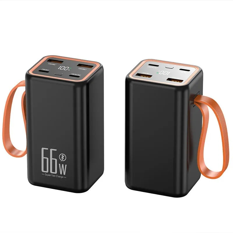 Black and white PD66W fast-charge 20000mAh portable power bank showing compact size.