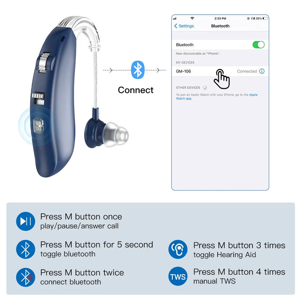 Digital hearing aid Type-C rechargeable in skin colour with Bluetooth – single unit on charger