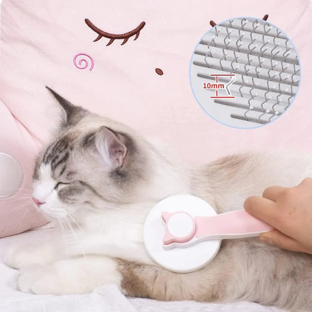 Blue self-cleaning pet grooming brush with rubber handle and metal pins with rubber tips.