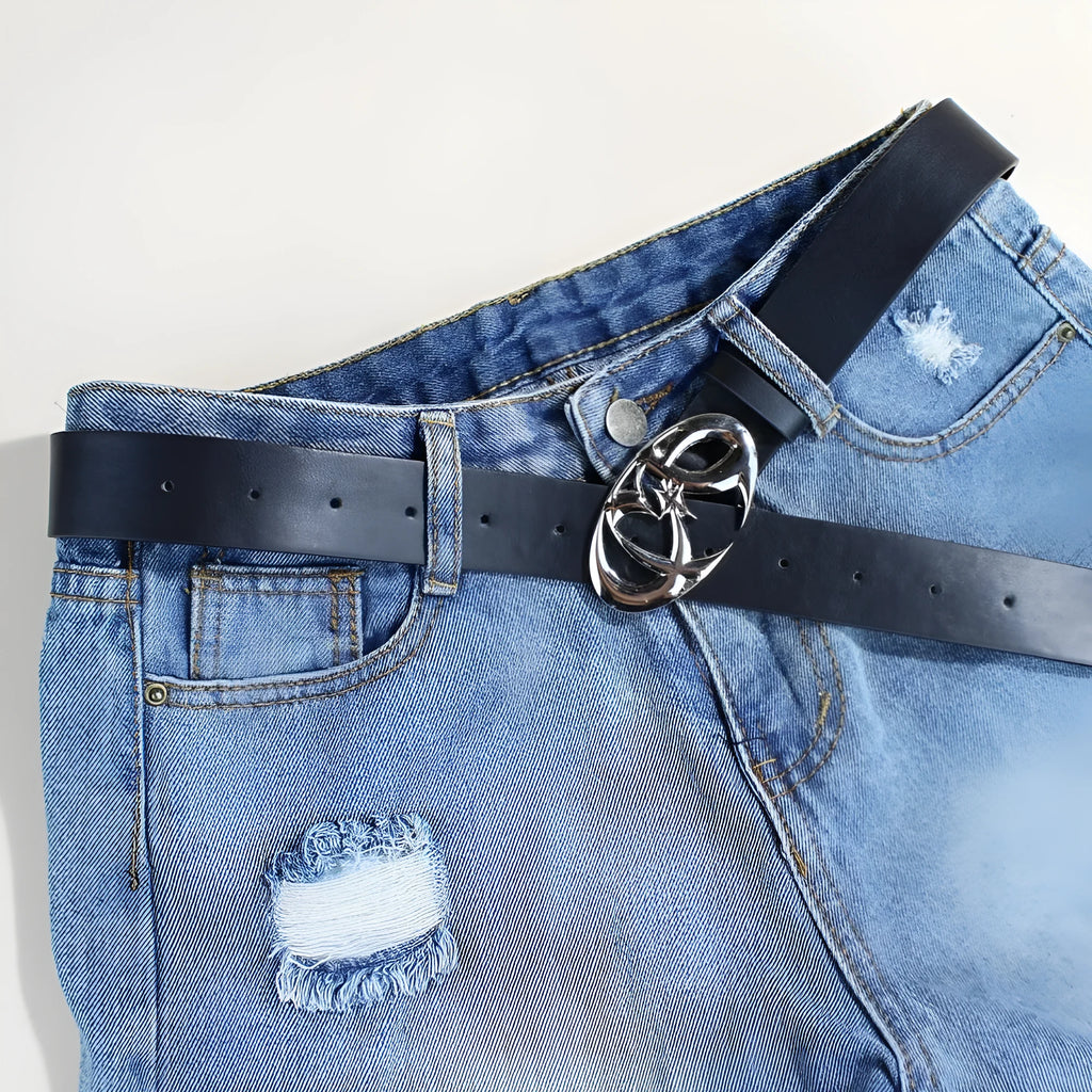 Men's silver buckle snap button belt made from black PU leather.