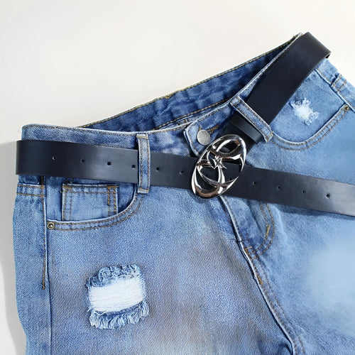 Men's silver buckle snap button belt made from black PU leather.