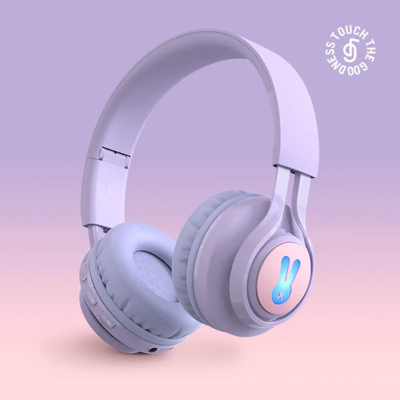 Wireless children's headphones with RGB lights in bunny pink colour