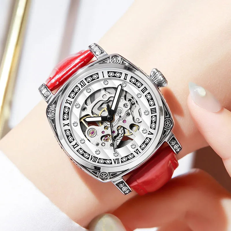 Men's analogue mechanical watch with luminous hands on a leather strap, shown in multiple colour options.