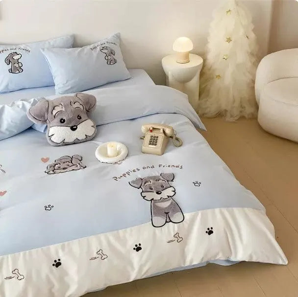 Cartoon schnauzer dog pattern bedding set with embroidery on thickened cotton fabric