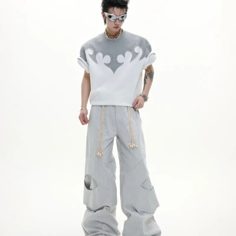 Men's burnt flower rhinestone stitch cotton shirt with drop-shoulder sleeves in red, white, and grey colours