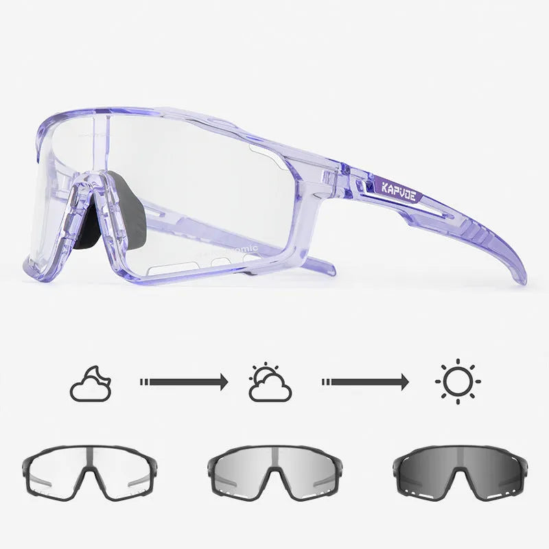 Photochromic cycling sunglasses with a semi-rimless TR90 frame shown in one of fourteen colour options.