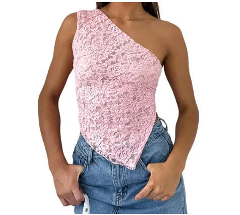 Women's lace backless sleeveless polyester vest top with asymmetrical neckline in solid colour