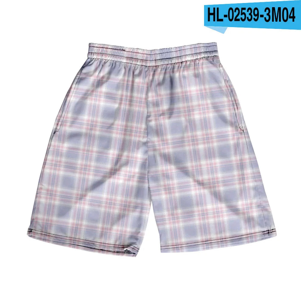 Men's polyester plaid shorts with elastic waistband in straight-leg casual style