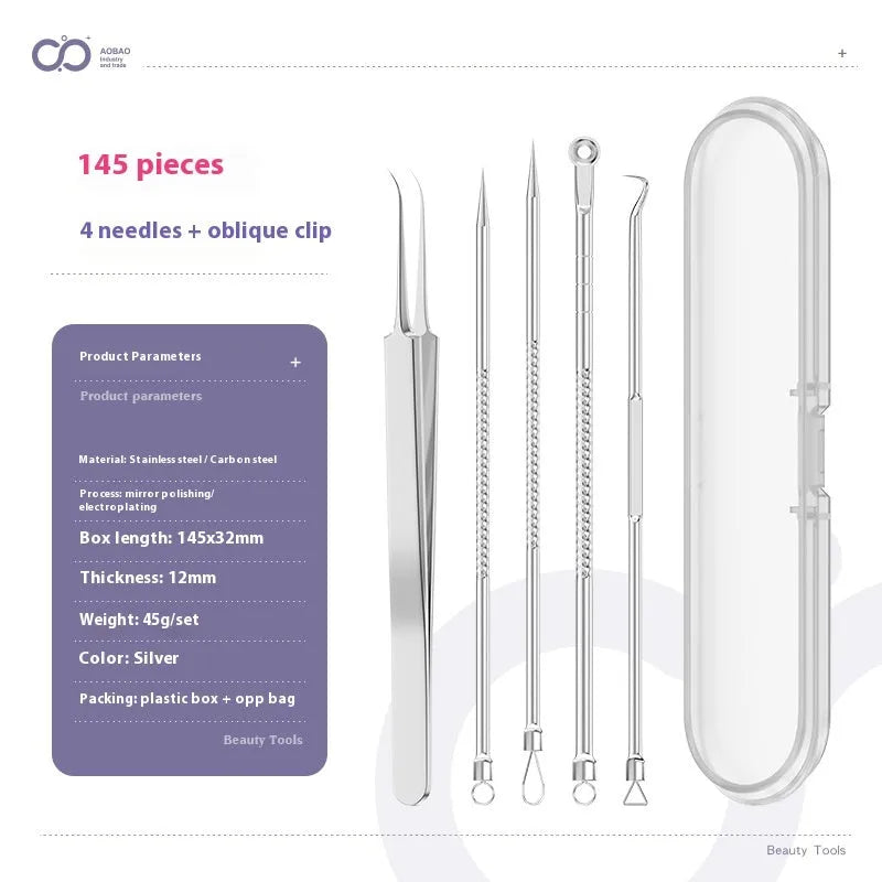 Four silver metal acne needles with ultra-fine pointed tips for skin treatment.