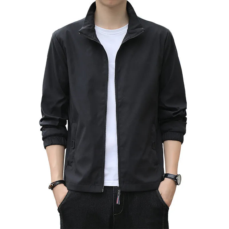 Korean style loose fit men's autumn jacket in black, shown with zip front and pockets