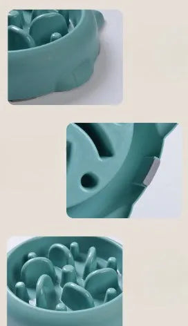 Green pet slow feeder bowl with bone-shaped ridges inside to slow down eating