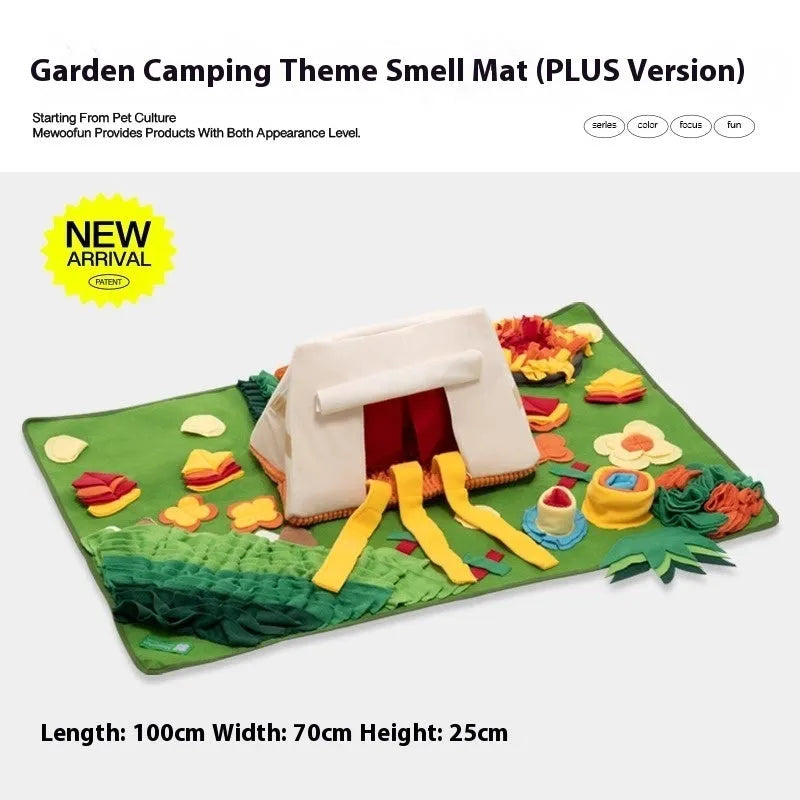 Plastic fabric dog sniffing mat with textured surface for hiding food treats, showing multiple theme design options