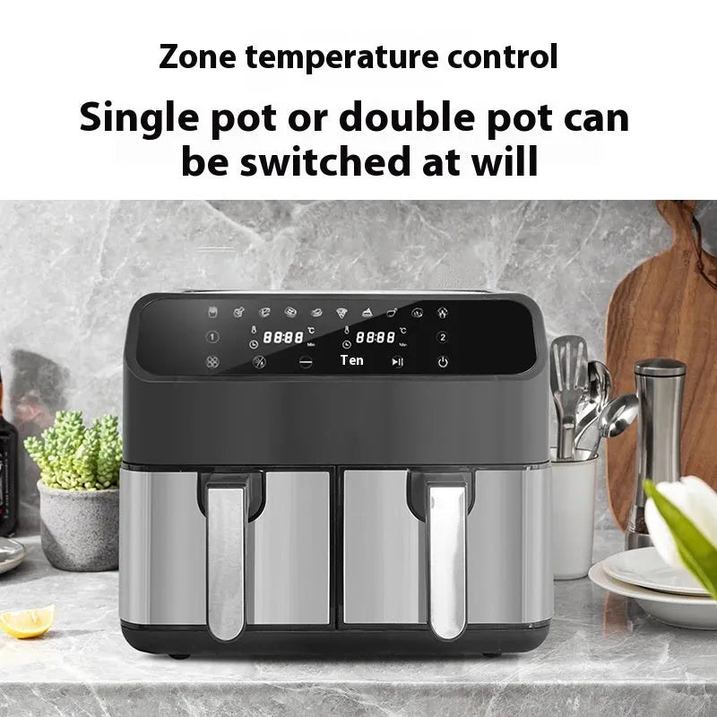 8L stainless steel double pot air fryer on a kitchen counter with non-stick liners visible