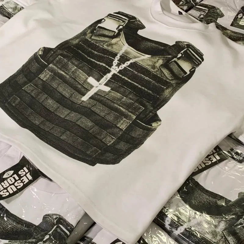 Cotton short sleeve T-shirt with retro street style printed design and drop-shoulder sleeves
