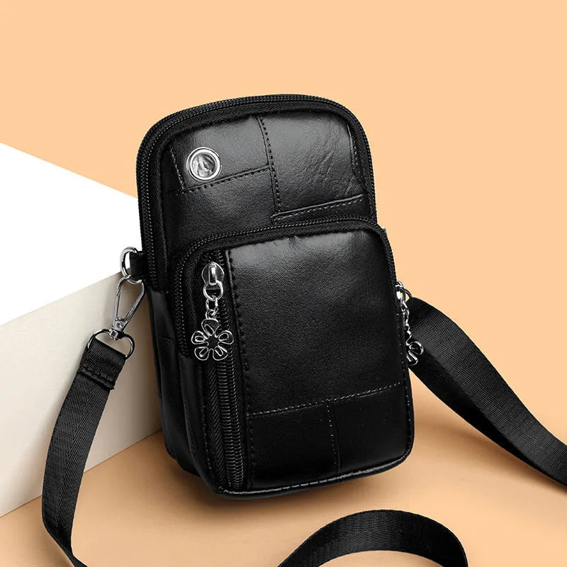 Mini vertical square PU phone bag with sandwich pocket in brown, front view