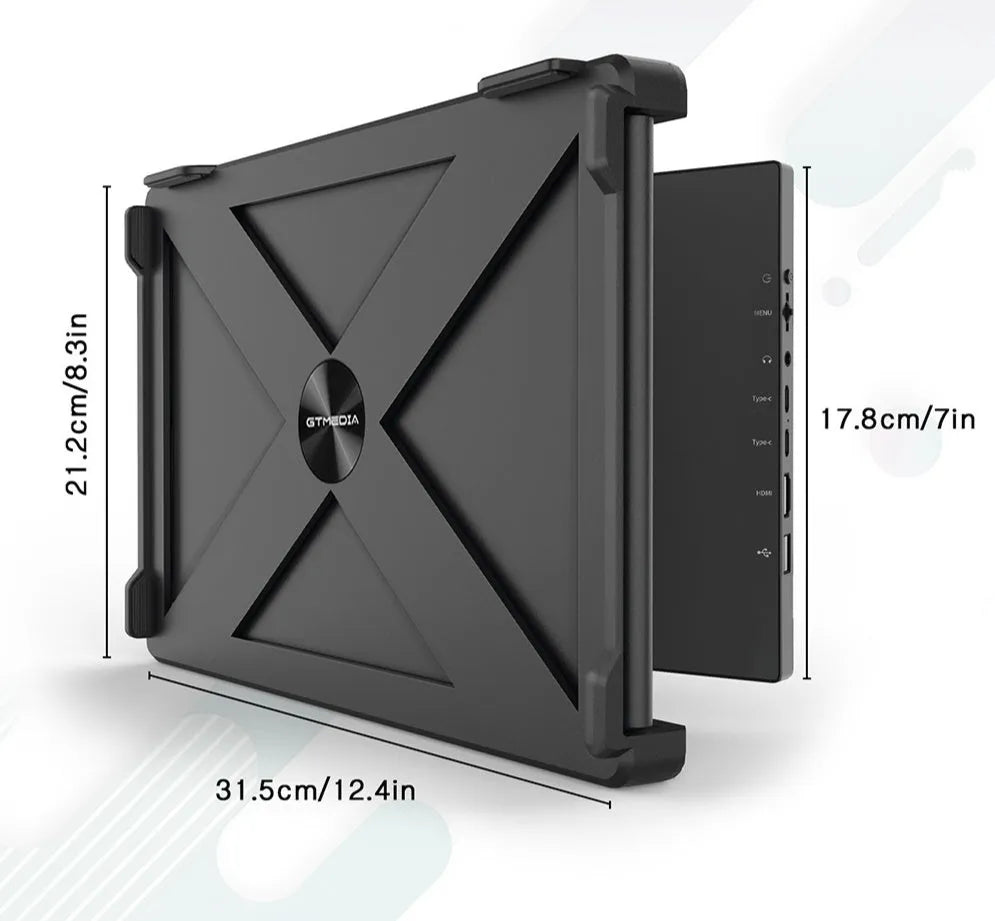 Portable black external monitor screen with cables for mobile phone and laptop connection.