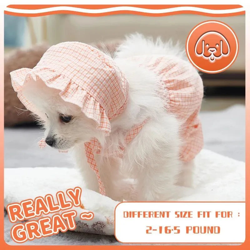Orange dog jumpsuit with matching hat for small breeds like Yorkies and Chihuahuas, summer outdoor wear