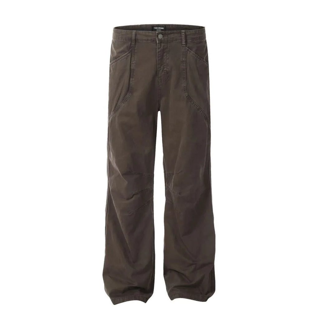 Men's brown loose straight leg trousers with high waist design and zip fly closure