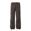 Men's brown loose straight leg trousers with high waist design and zip fly closure