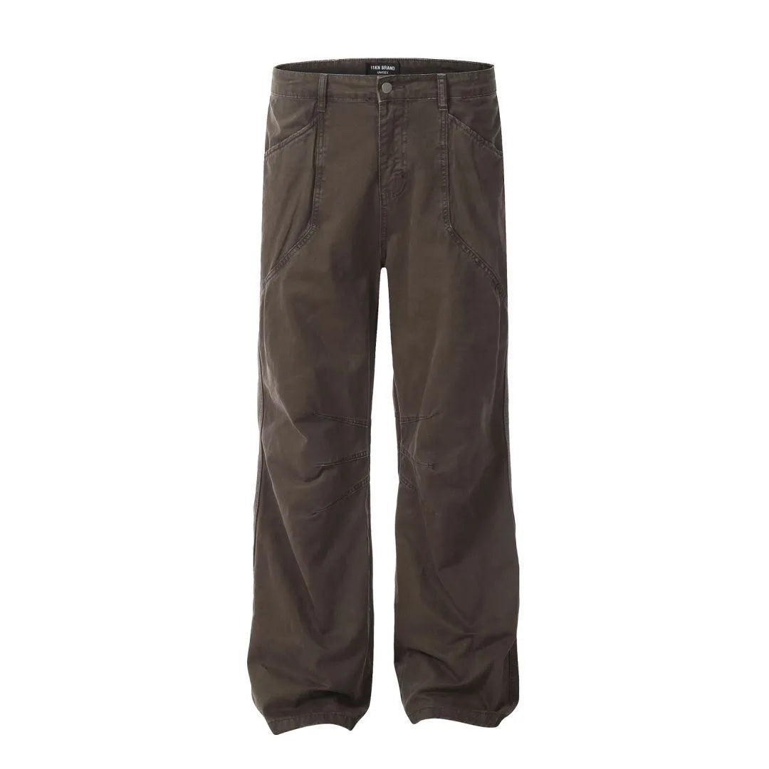 Men's brown loose straight leg trousers with high waist design and zip fly closure