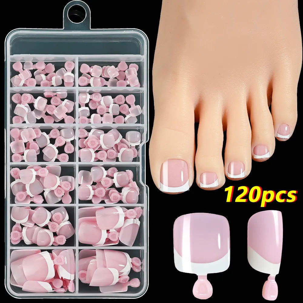 120-piece box of French white edge nude full square short artificial toenails in nine shades