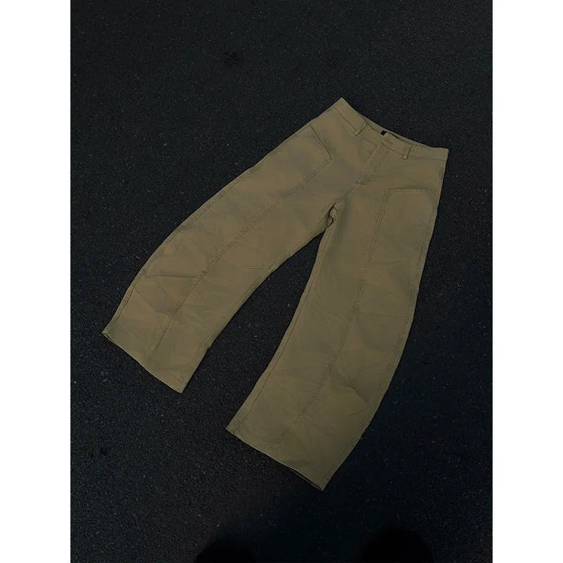 Men's khaki straight-leg cotton trousers with American retro styling