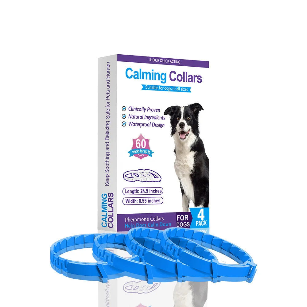 Four TPR dog anxiety collars in different colours showing Chinese style monochrome pattern.