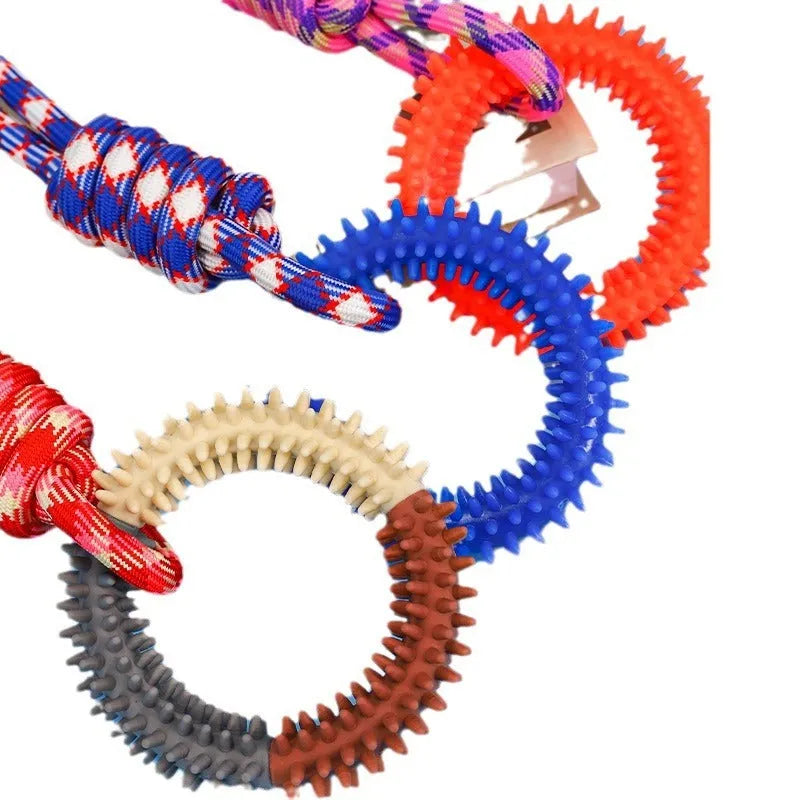 Braided cotton rope dog toy with knotted design in multiple colours, measuring 43cm long