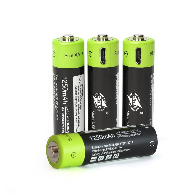 Green USB rechargeable lithium battery 1.5V AA AAA 1250mAh with fireproof ABS shell and charging cable