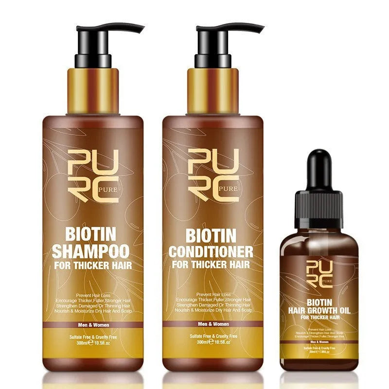 PURC Ginger Biotin Hair Care Set with 300ml shampoo, 300ml conditioner, and 30ml essential oil in white bottles