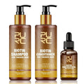 PURC Ginger Biotin Hair Care Set with 300ml shampoo, 300ml conditioner, and 30ml essential oil in white bottles