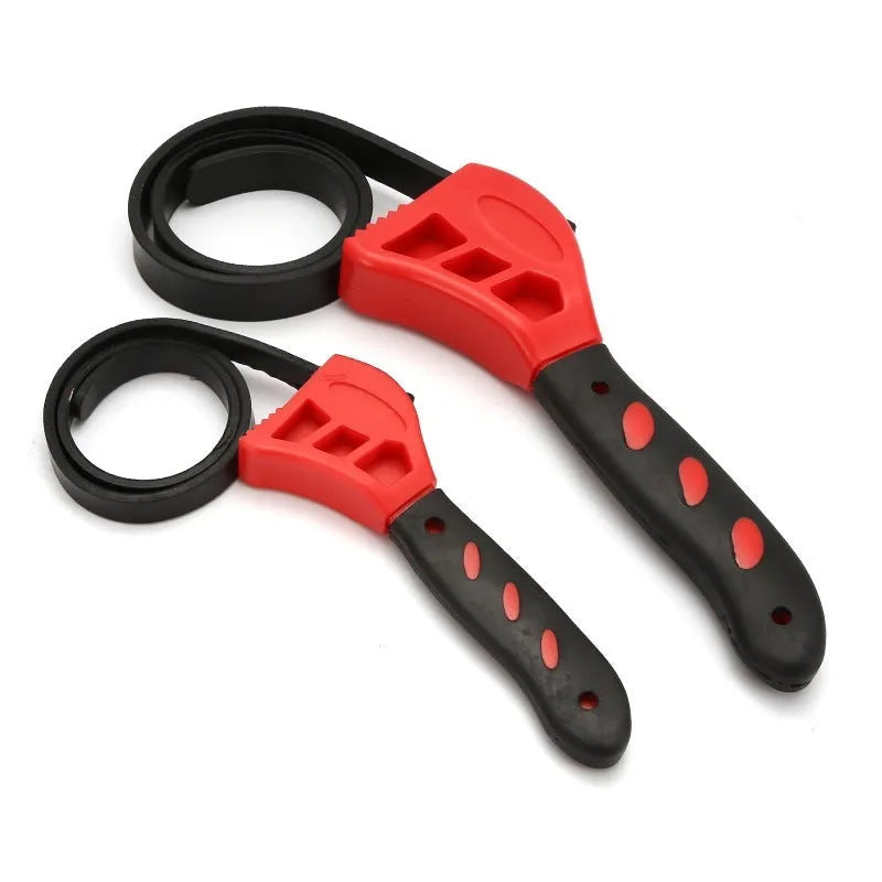 Adjustable rubber strap wrench with plastic handle showing 6-inch and 8-inch size options