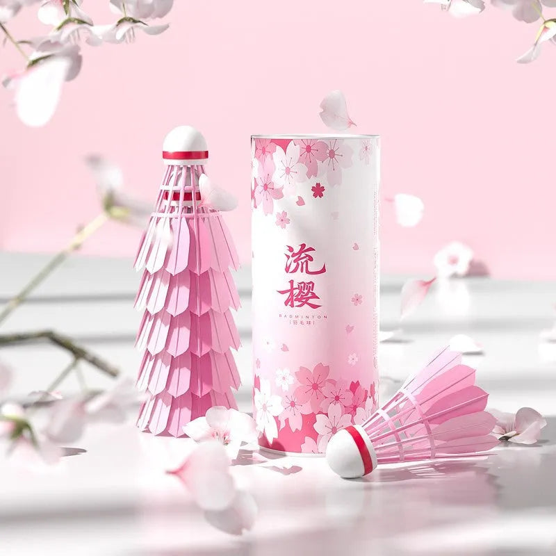 Pink goose feather badminton shuttlecocks in 6 pack on court background