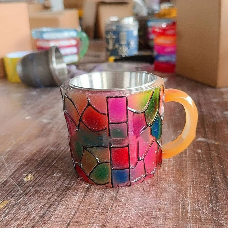 Hand-painted synthetic resin decorative coffee cup ornament with library or pattern design