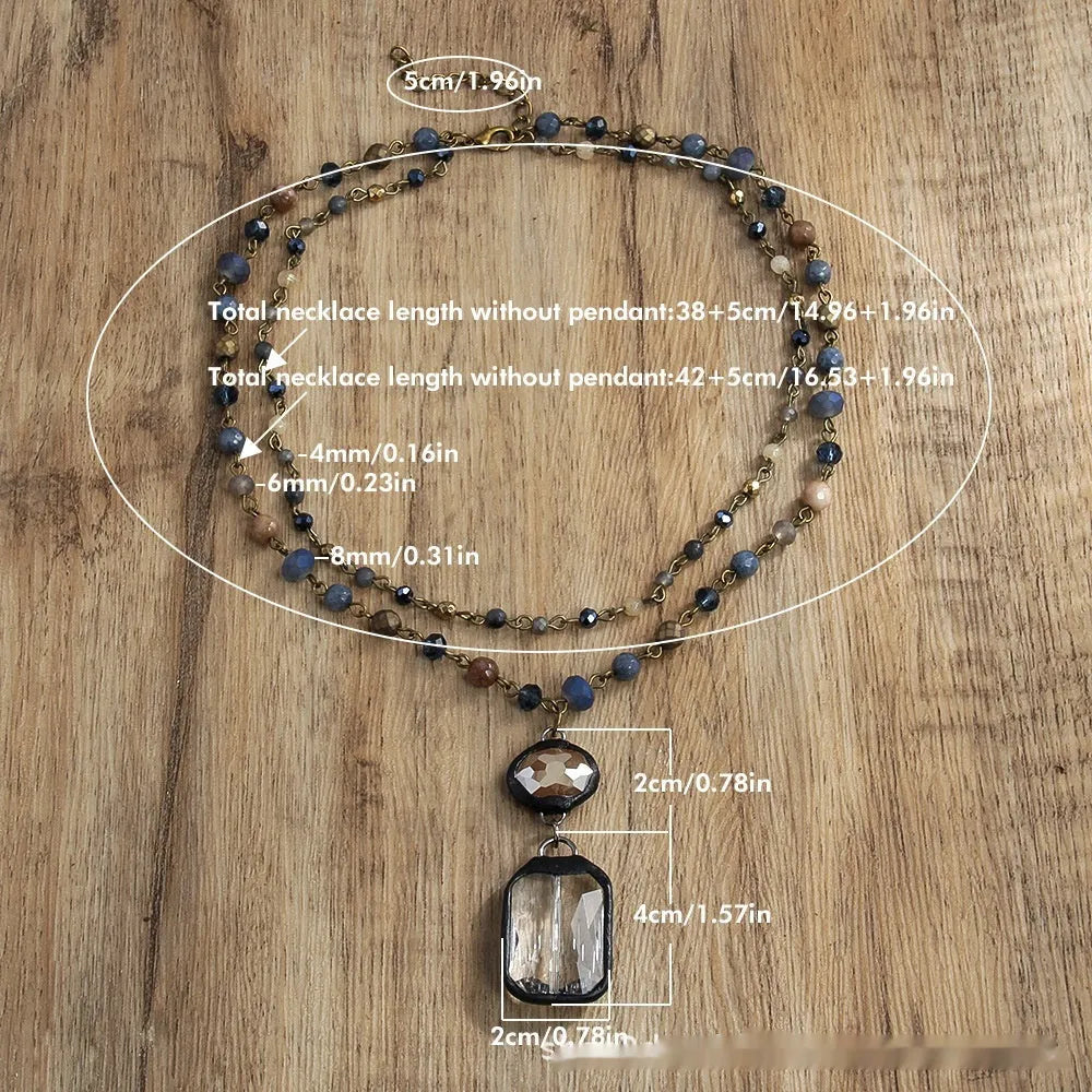 Two-layer tribal style necklace with natural stone and glass pendants on alloy chain