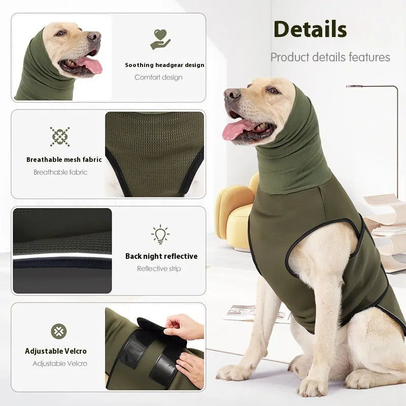Dog wearing polyester anxiety jacket in army green for separation anxiety and thunderstorm phobia relief