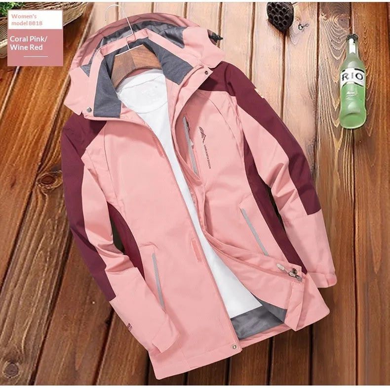 Men's solid colour polyester fibre waterproof windbreaker jacket in black shown front view, suitable for hiking and camping