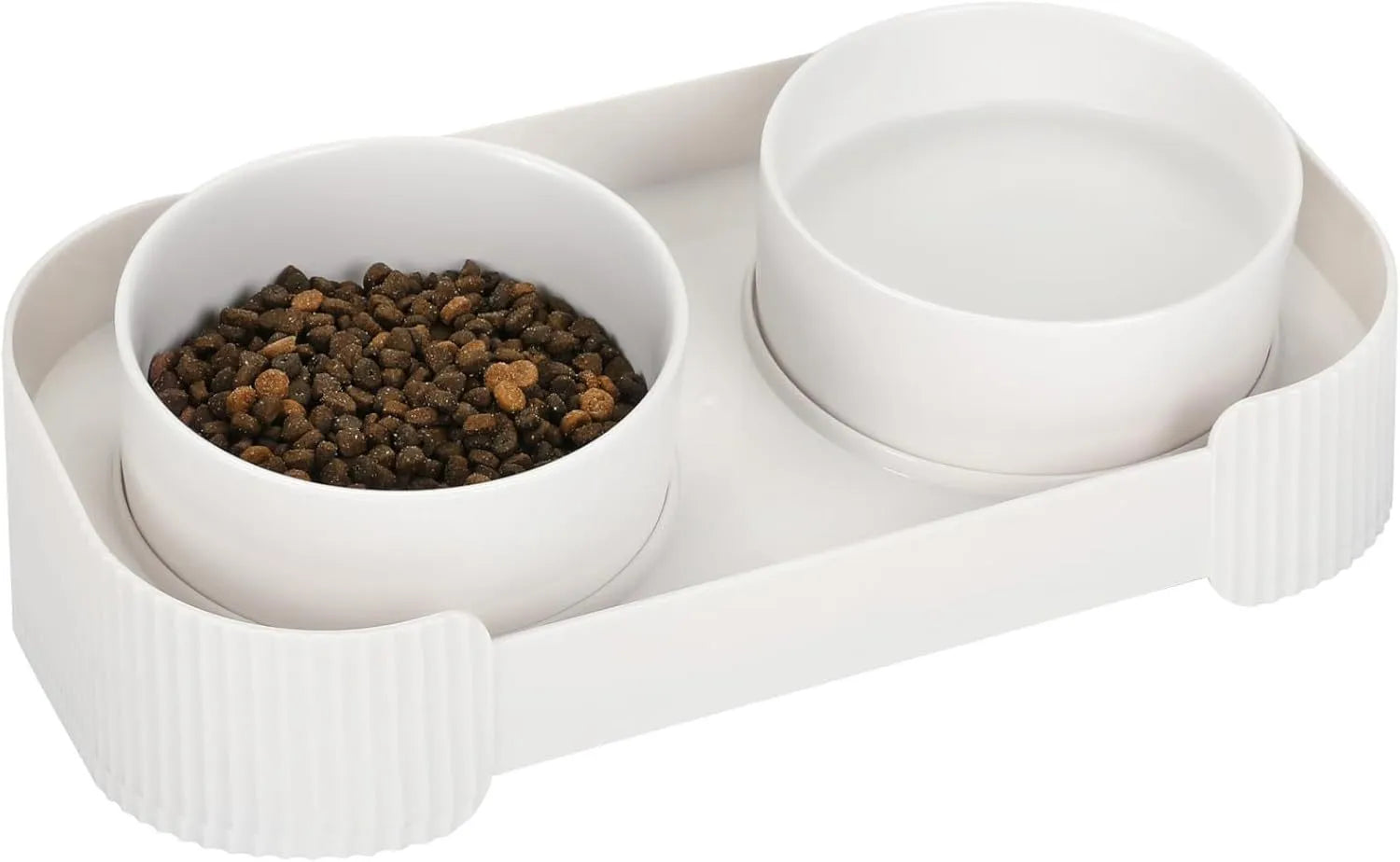 Green ceramic raised cat bowl set with two bowls on a tilted stand