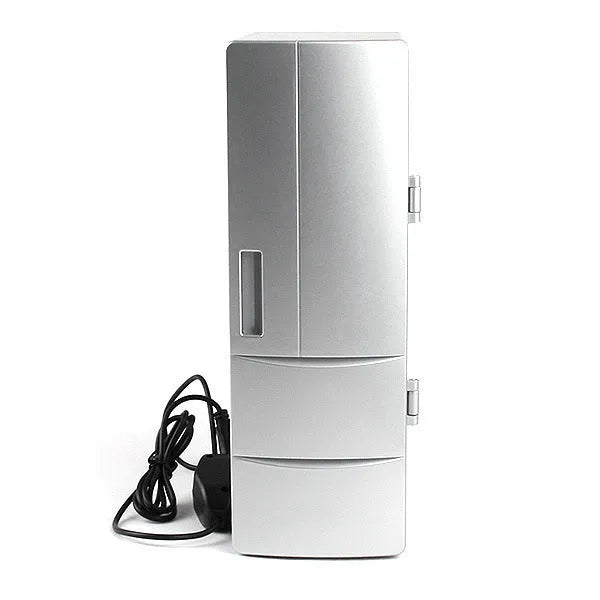 Silver USB mini fridge with LED light, holding two cans, compact size for desk