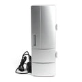 Silver USB mini fridge with LED light, holding two cans, compact size for desk