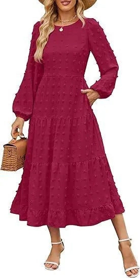 Women's solid colour long sleeve dress with ruffled sleeves and high waist in autumn colours