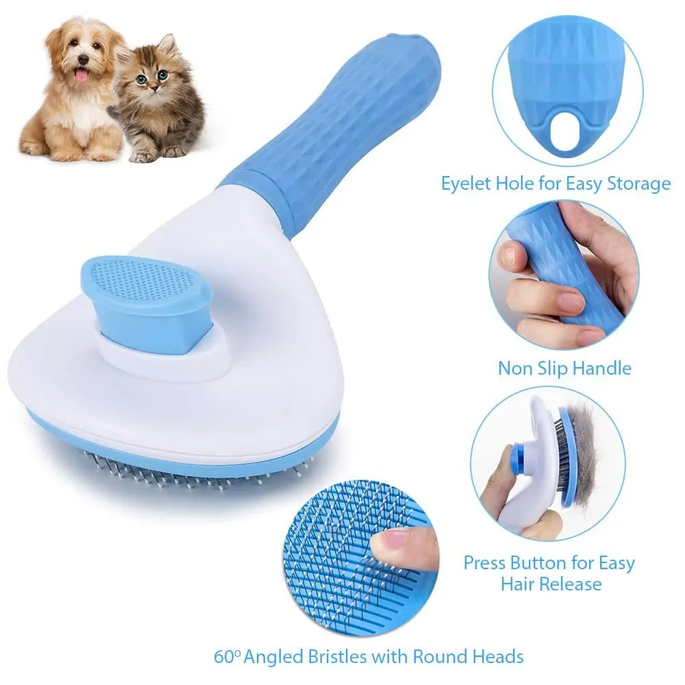 Blue, grey, and pink cat brush with a release button and fine wire bristles for removing loose fur.
