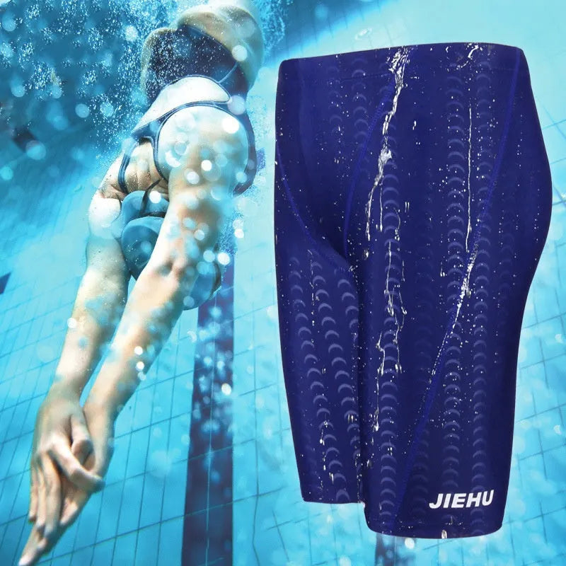 Men's five-point anti-embarrassment swimming trunks in solid black quick-dry nylon